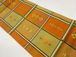 本場筑前博多格子に抽象草花模様織出し名古屋帯